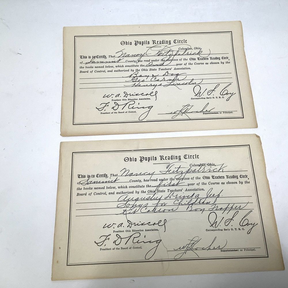 2 Ephemera Ohio Pupils Reading Circle Antique Certificate Teachers Education